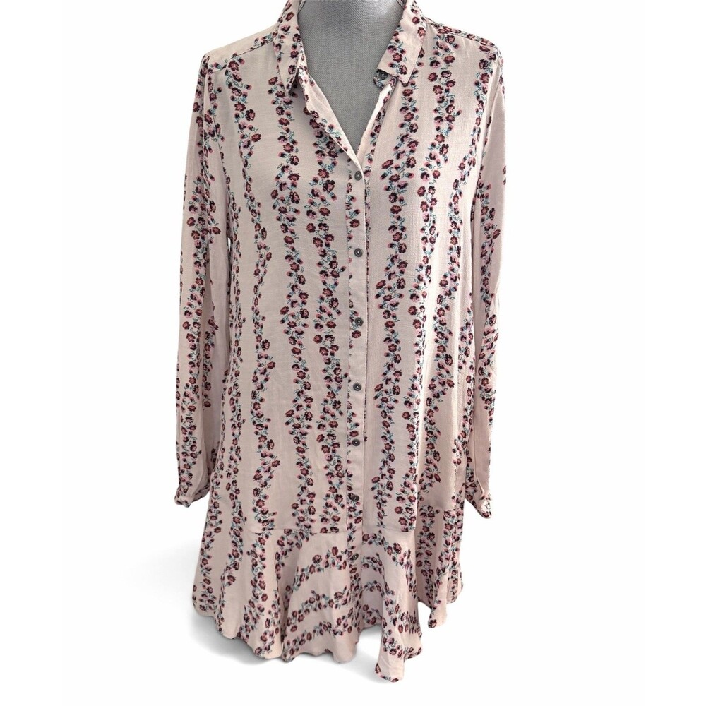 Free People Floral Tunic Blouse Size 6 Pink Button Front Long Sleeve Boho